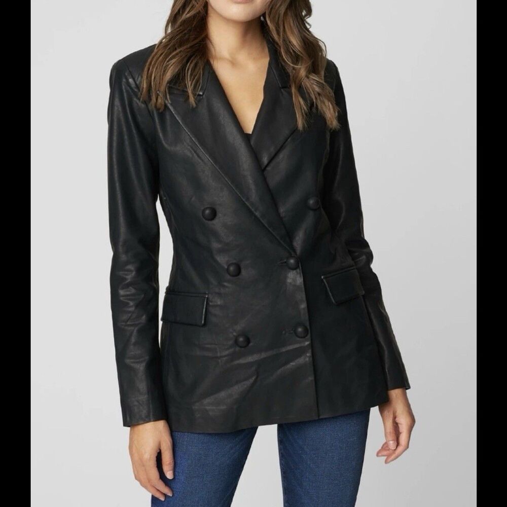 BLANKNYC Black Faux Vegan Leather Double Breasted Blazer Women’s Size Large L